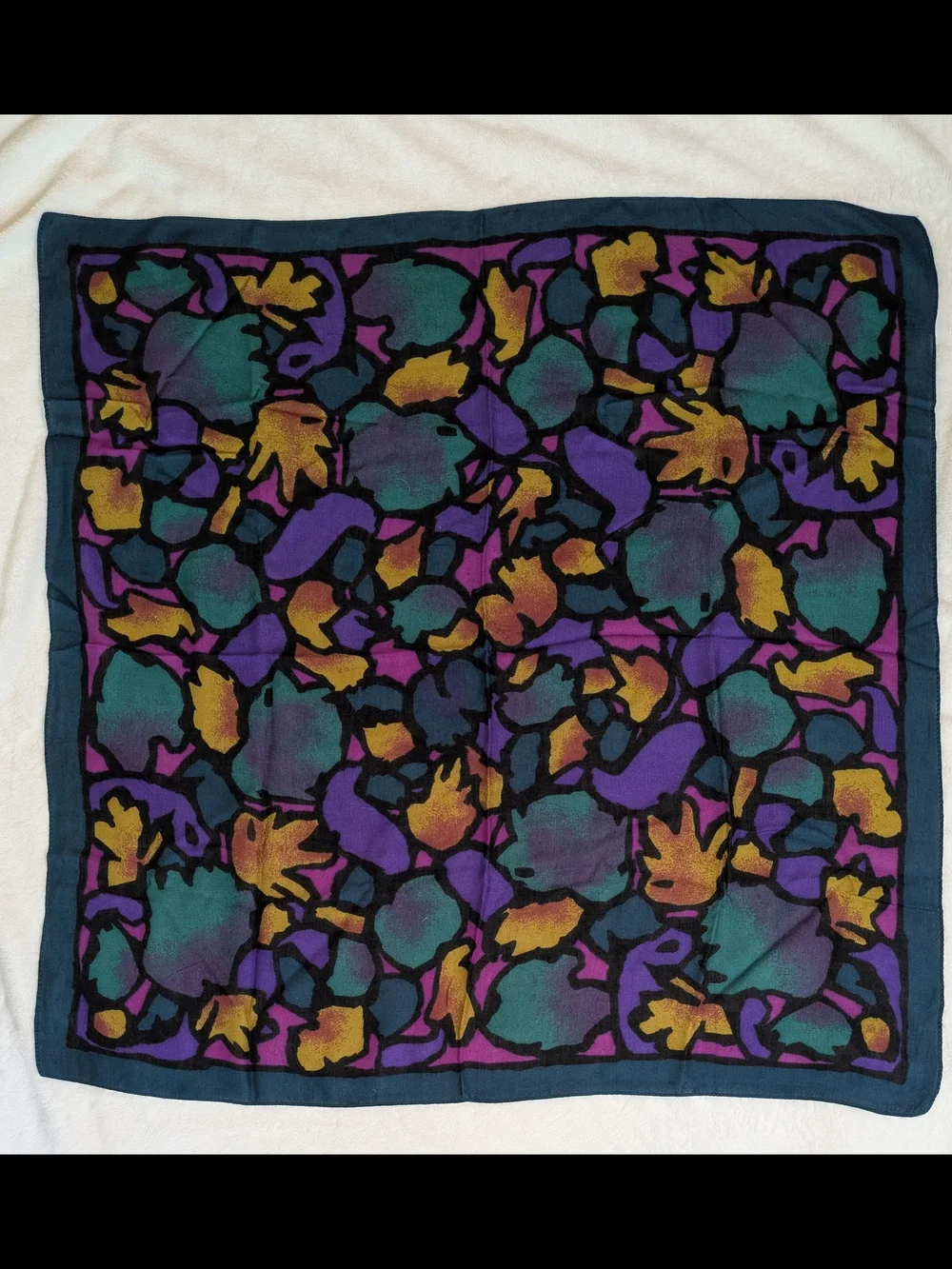 Abstract Leaf Print Silk Scarf - Teal, Purple, Mustard
